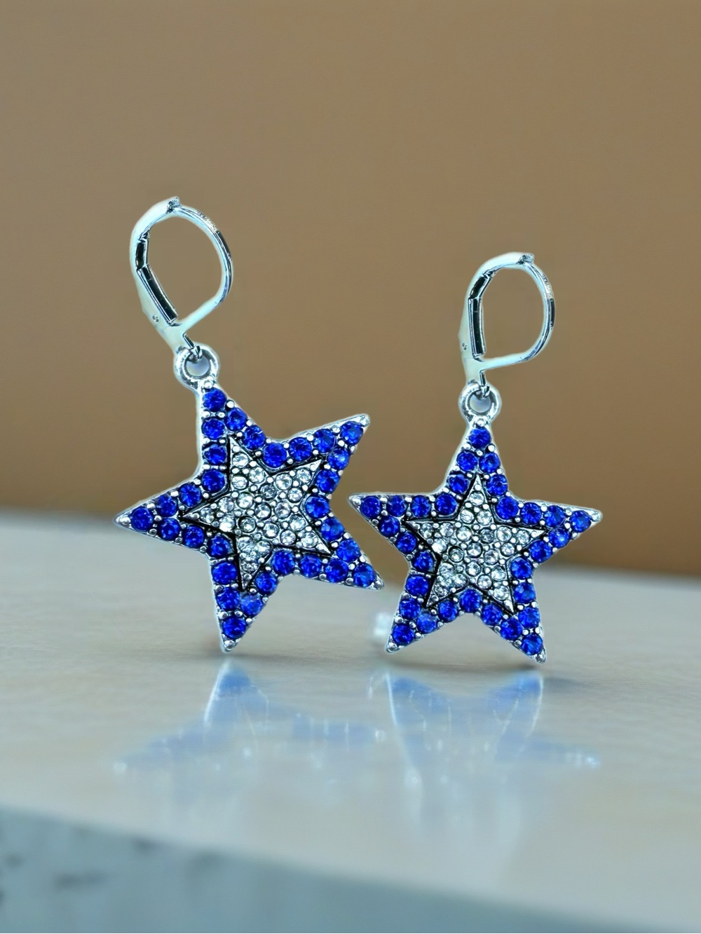 Blue & Silver Crystal Star Dangle Earrings – Patriotic Summer Sparkle
